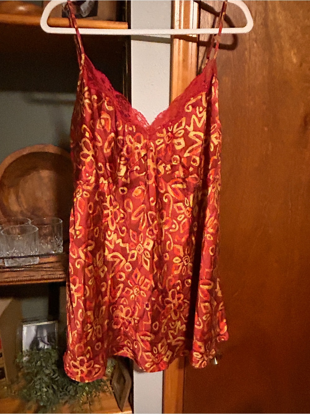Lane Bryant Red and Gold Floral Satin Slip with Lace Trim